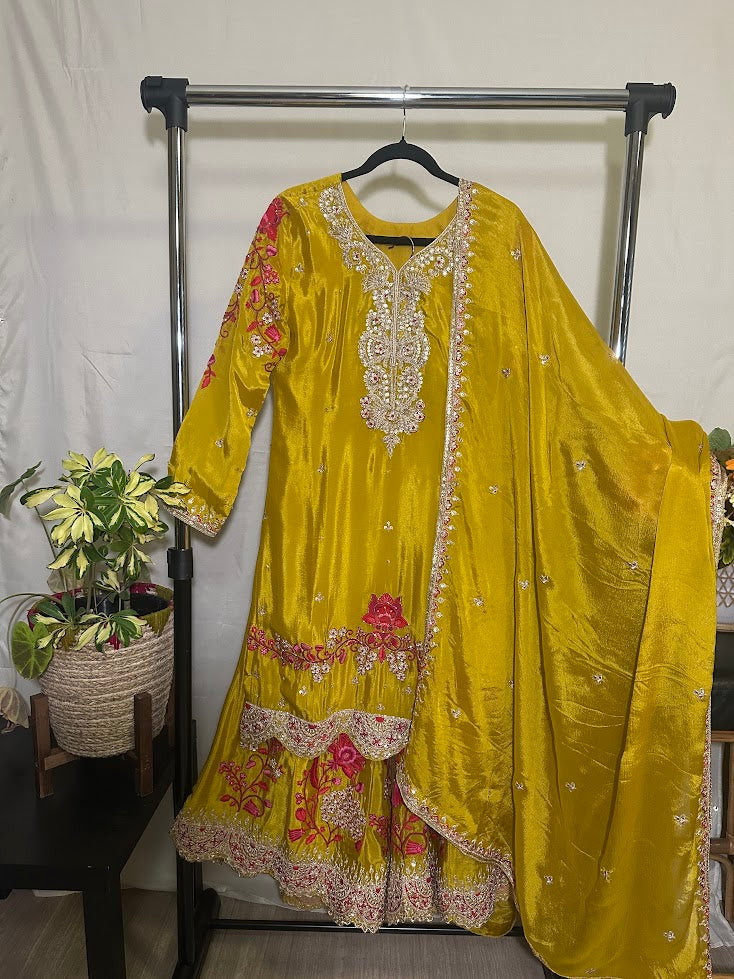 Mustard Yellow Embroidered Chinon Silk Set With Dupatta – Flare Palazzo