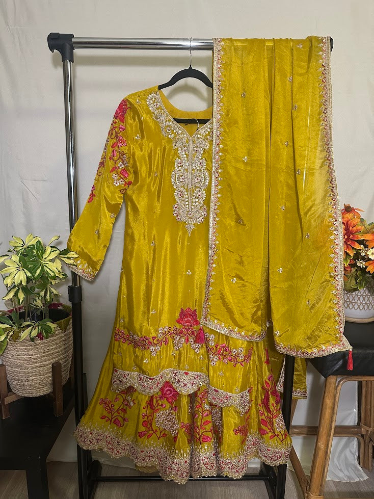 Mustard Yellow Embroidered Chinon Silk Set With Dupatta – Flare Palazzo