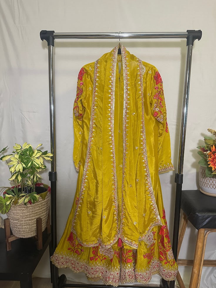 Mustard Yellow Embroidered Chinon Silk Set With Dupatta – Flare Palazzo