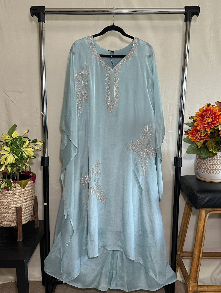 Powder Blue Silk Chiffon Kaftan With Wide-Leg Palazzo