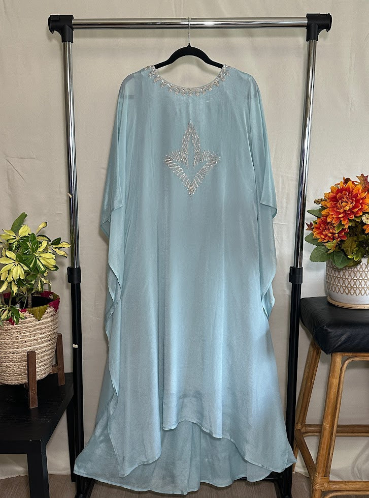 Powder Blue Silk Chiffon Kaftan With Wide-Leg Palazzo
