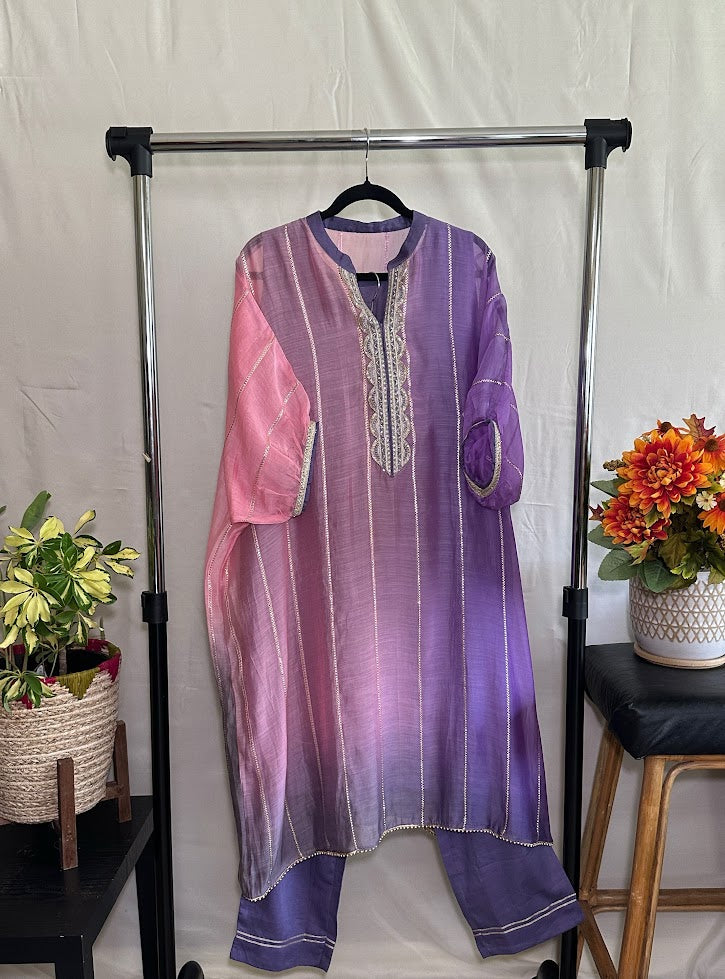 Blush Pink & Lavender Chanderi Kaftan With Straight Pants