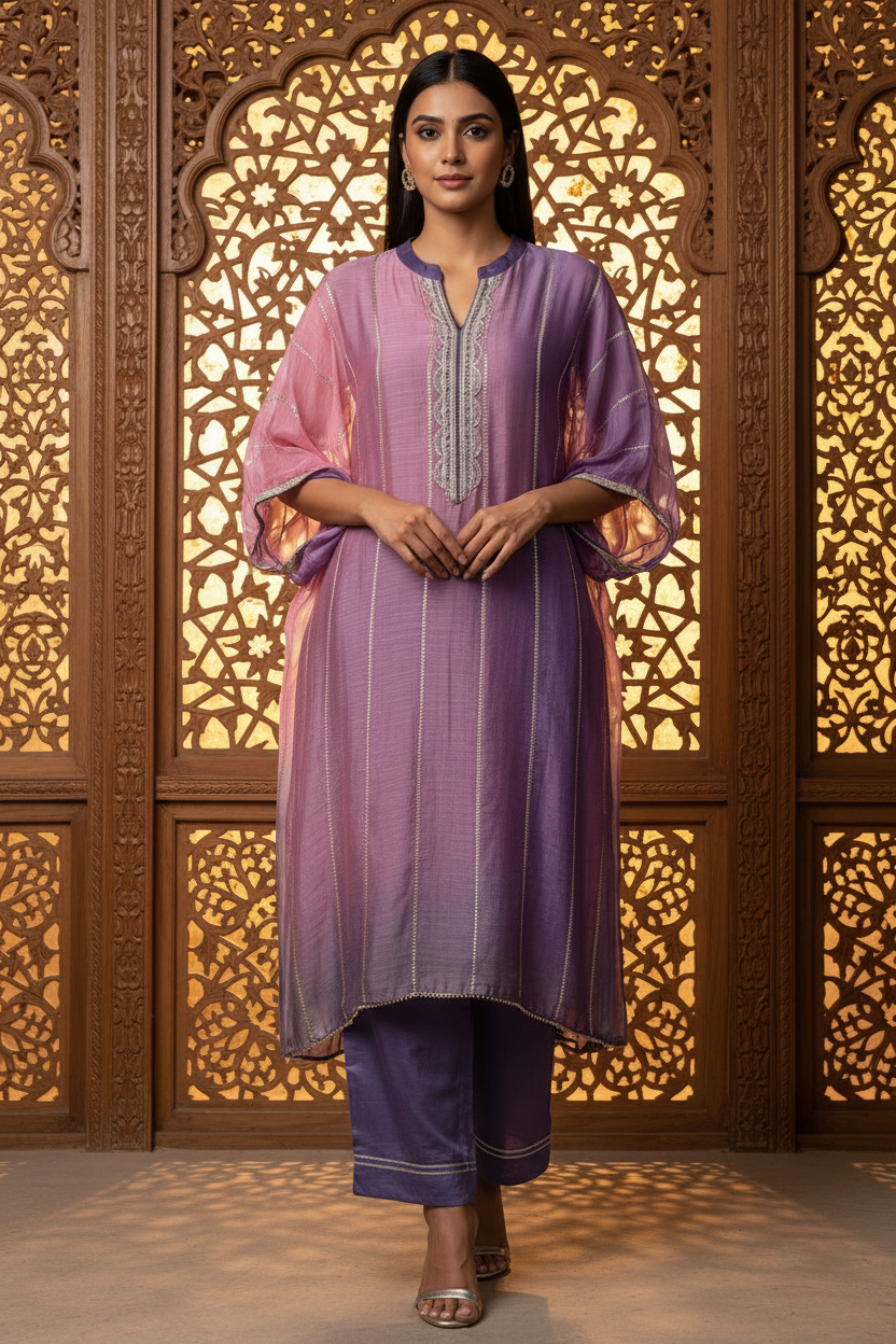 Blush Pink & Lavender Chanderi Kaftan With Straight Pants