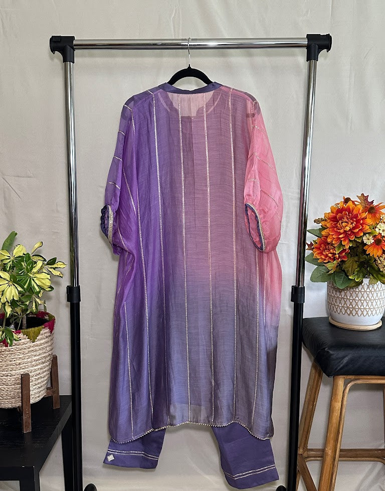 Blush Pink & Lavender Chanderi Kaftan With Straight Pants
