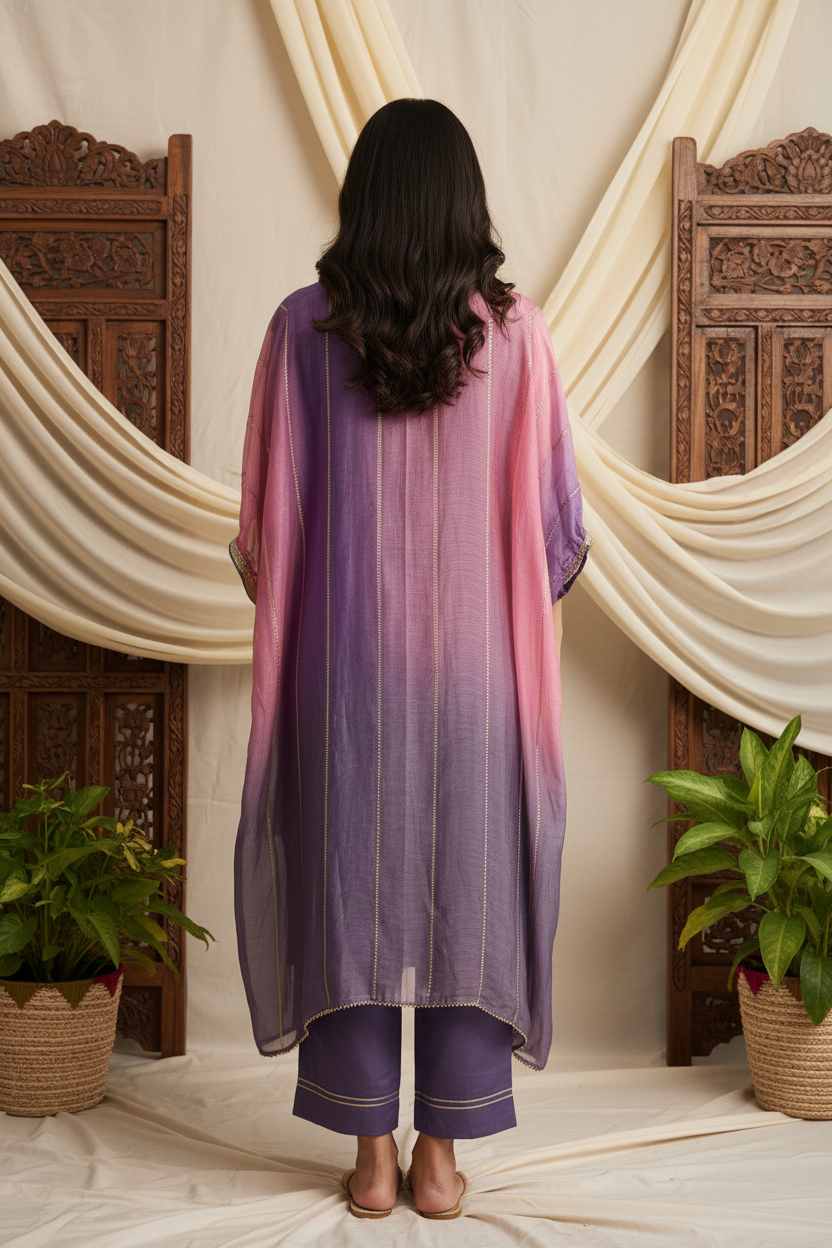 Blush Pink & Lavender Chanderi Kaftan With Straight Pants