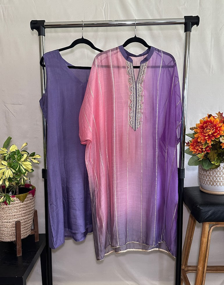 Blush Pink & Lavender Chanderi Kaftan With Straight Pants