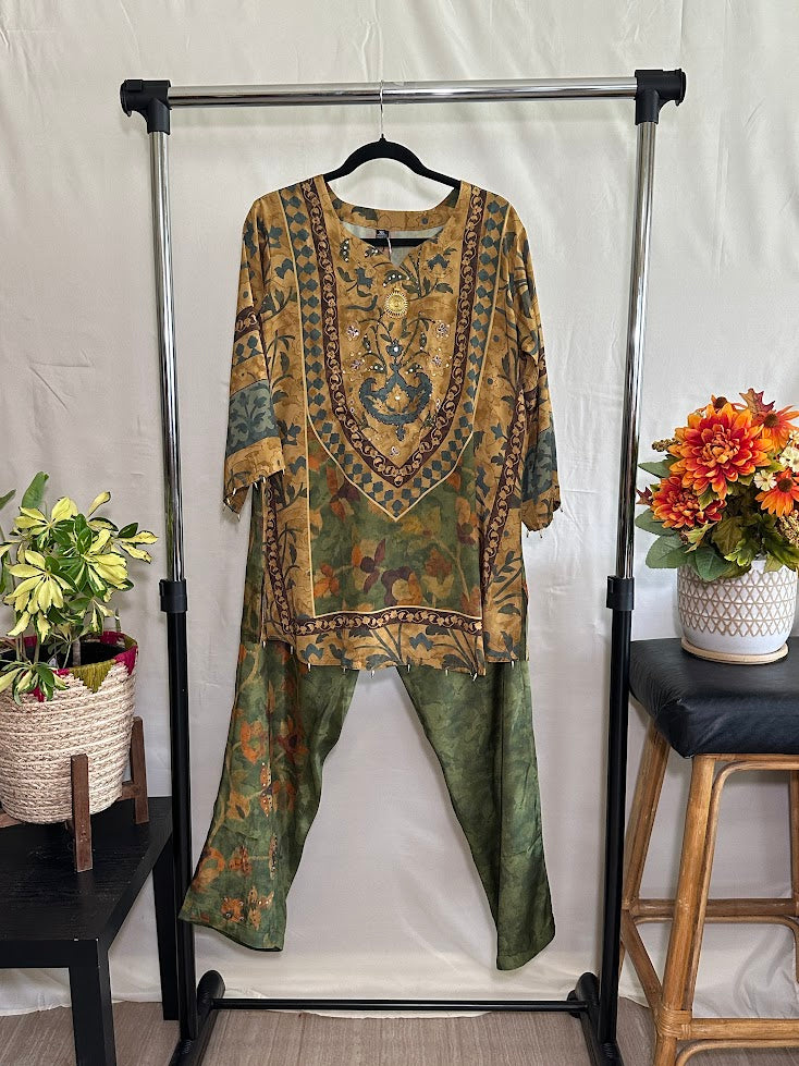 Mustard & Mehendi Floral Co-Ord Set With Sequin Embroidery – Straight Palazzo