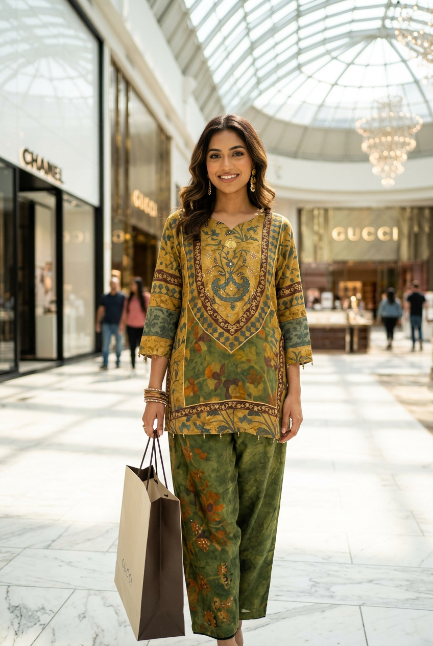 Mustard & Mehendi Floral Co-Ord Set With Sequin Embroidery – Straight Palazzo