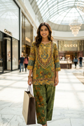 Mustard & Mehendi Floral Co-Ord Set With Sequin Embroidery – Straight Palazzo