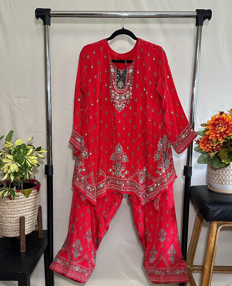 Red Crepe Silk Joga Style With Farsi Salwar