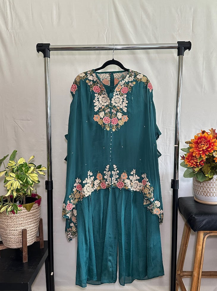 Deep Teal Embroidered Kora Silk Kaftan With Flared Palazzo