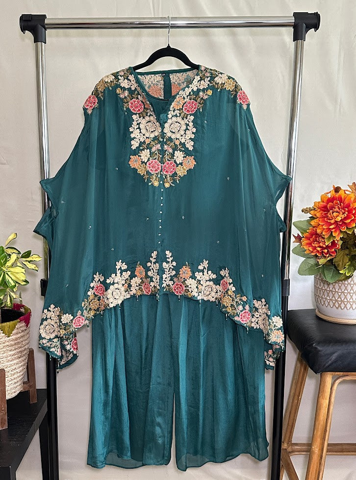 Deep Teal Embroidered Kora Silk Kaftan With Flared Palazzo