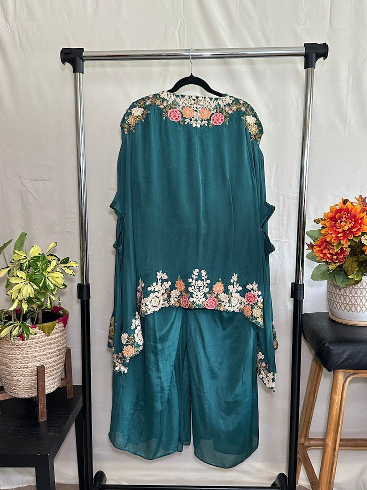 Deep Teal Embroidered Kora Silk Kaftan With Flared Palazzo
