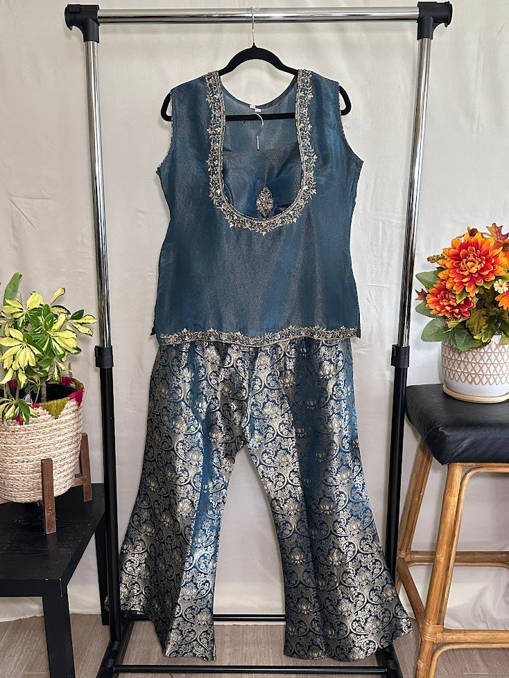 Dark Grey Soft Organza Tissue Top- Jacquard Brocade Belled Bottom