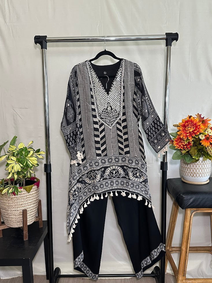 Black & White Crepe Mirror Work  Co-ord Set - Fancy Plazzo