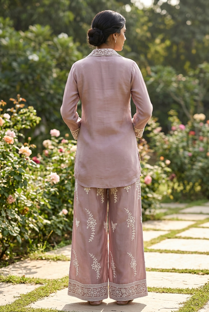 Light Mauve Kora Silk Co-Ord Set With Cutwork Embroidery – Wide-Leg Palazzo