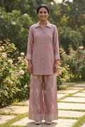 Light Mauve Kora Silk Co-Ord Set With Cutwork Embroidery – Wide-Leg Palazzo