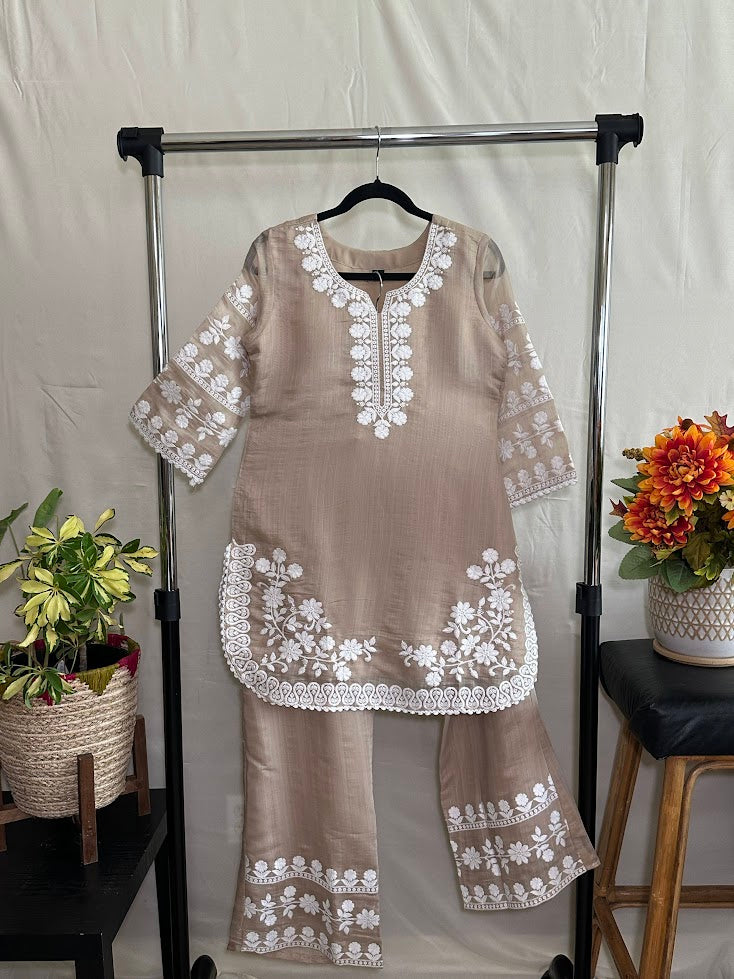 Beige Chanderi Chikankari Co-Ord Set – Straight Palazzo