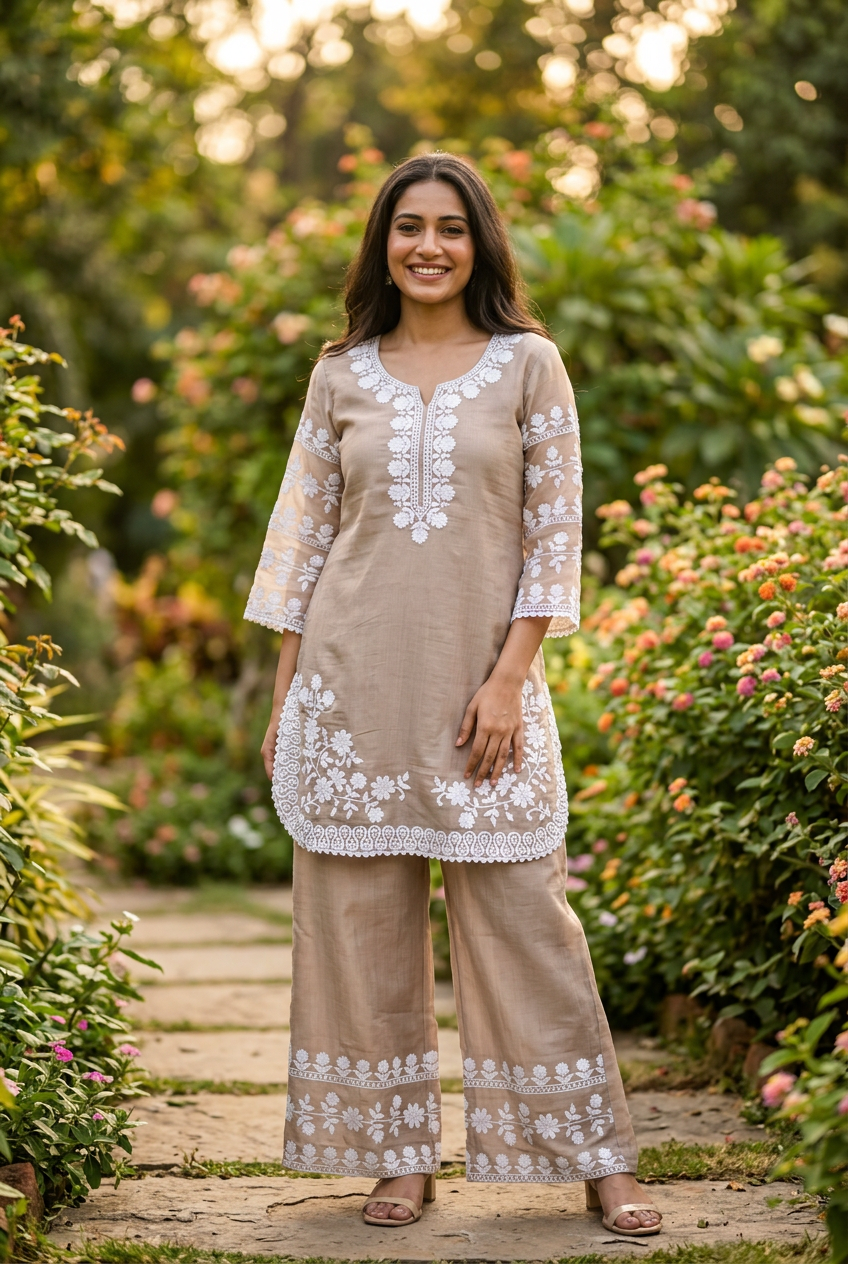 Beige Chanderi Chikankari Co-Ord Set – Straight Palazzo