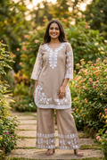 Beige Chanderi Chikankari Co-Ord Set – Straight Palazzo