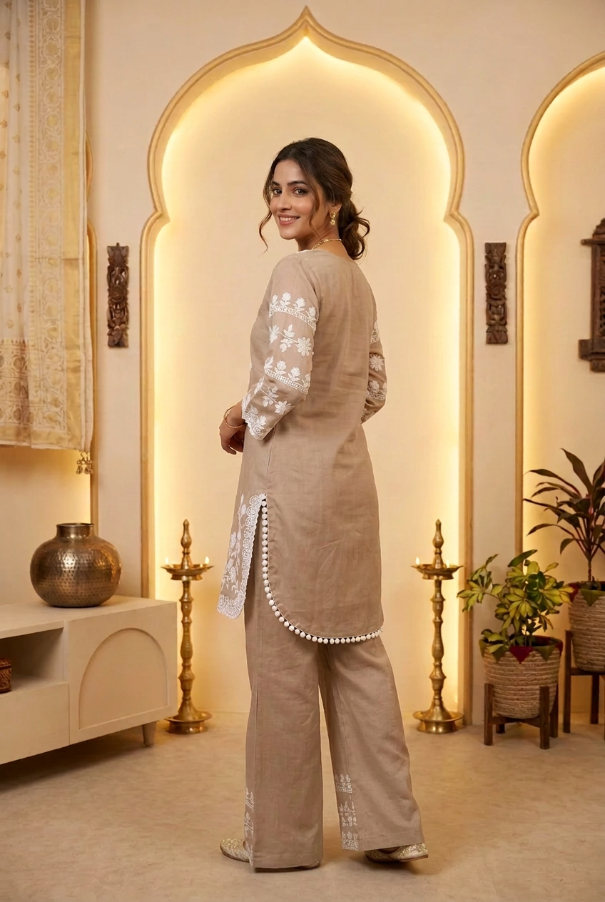 Beige Chanderi Chikankari Co-Ord Set – Straight Palazzo