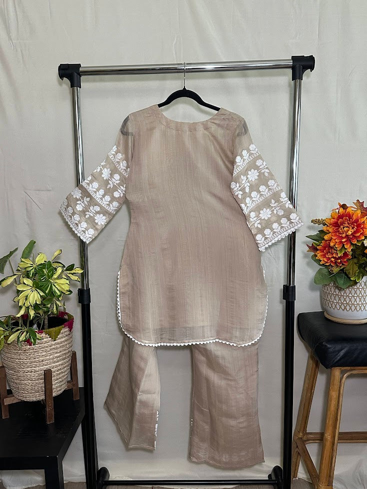 Beige Chanderi Chikankari Co-Ord Set – Straight Palazzo