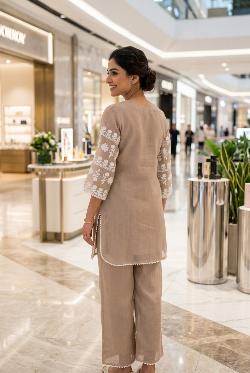 Beige Chanderi Chikankari Co-Ord Set – Straight Palazzo