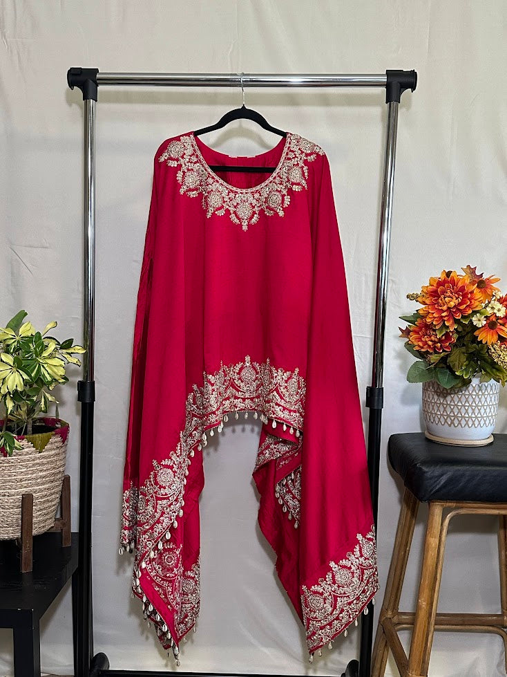 Dark Hot Pink Embroidered Cotton Silk Kaftan-Flared Palazzo