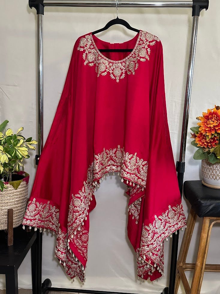 Dark Hot Pink Embroidered Cotton Silk Kaftan-Flared Palazzo
