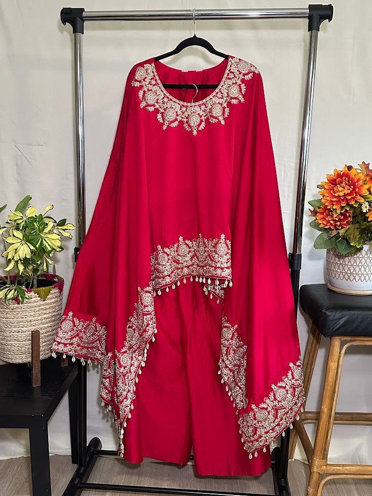 Dark Hot Pink Embroidered Cotton Silk Kaftan-Flared Palazzo