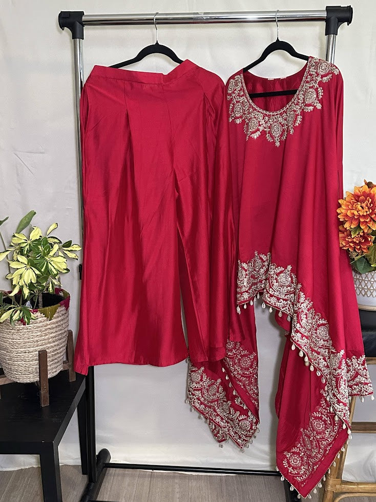 Dark Hot Pink Embroidered Cotton Silk Kaftan-Flared Palazzo
