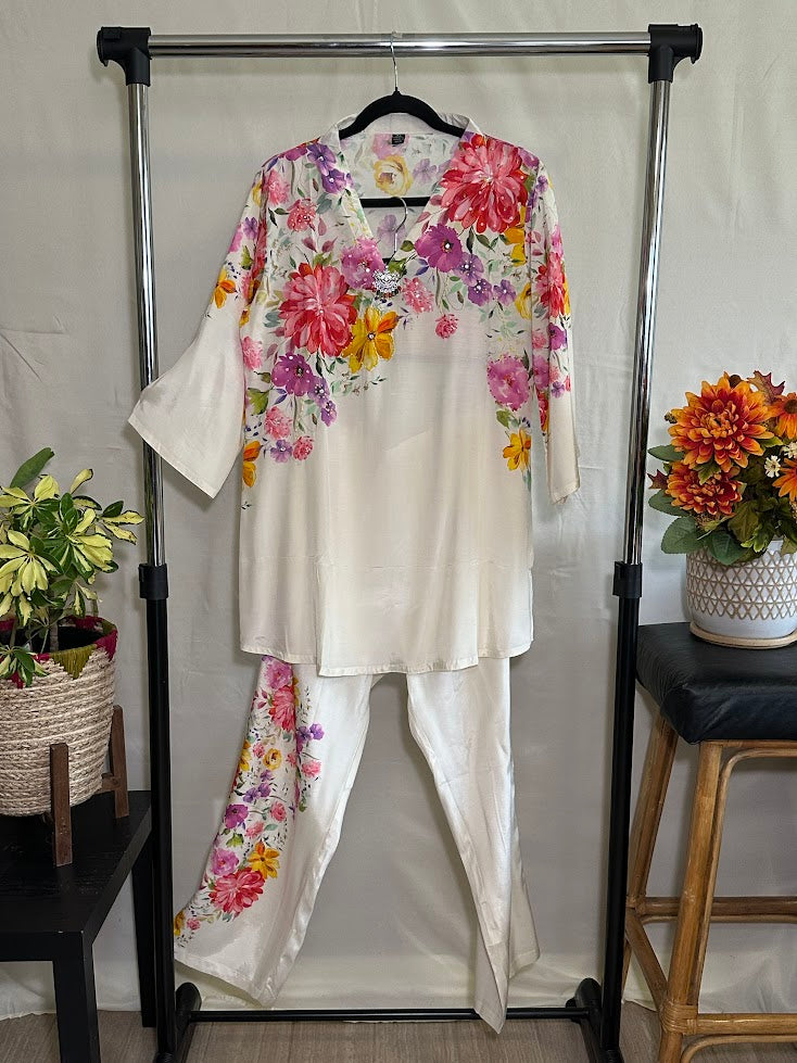Cream Multicolour Floral Print Rayon Co-Ord Set With Sequin Embroidery – Straight Printed Palazzo