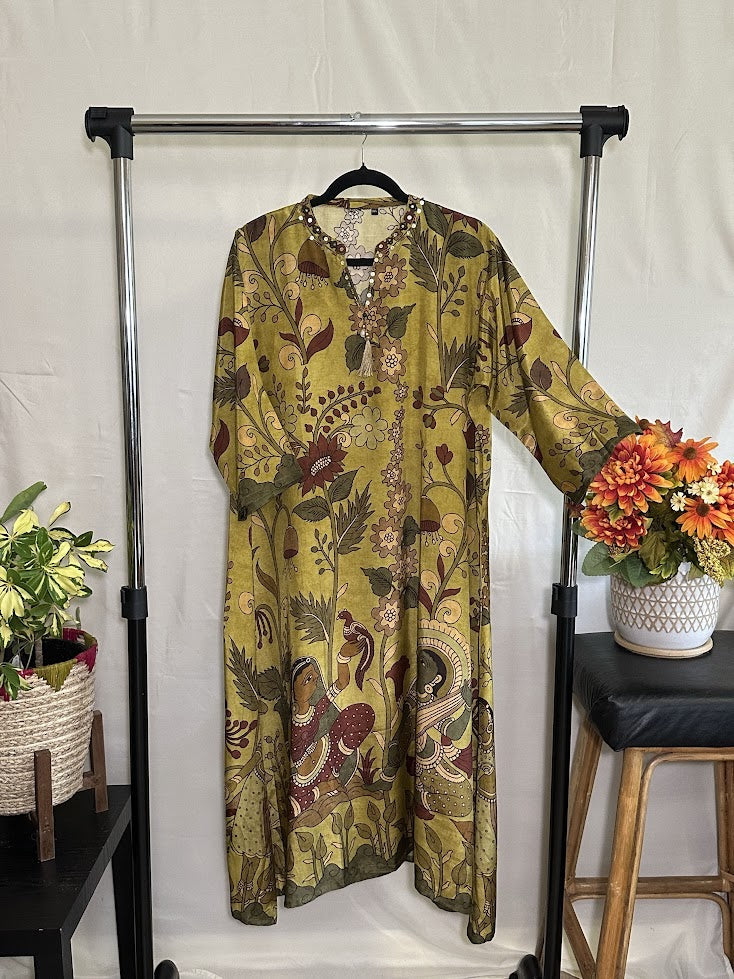 Earthy Toned Kalamkari Printed Mysore Silk Kurti