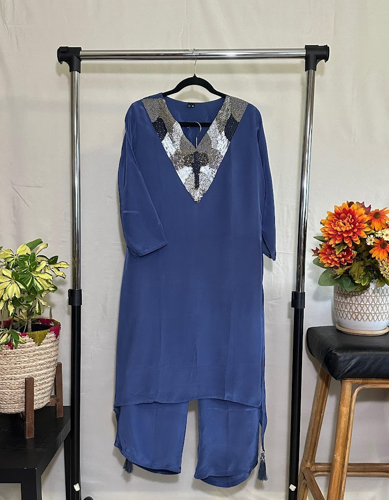 Blue Grey Crepe Silk Co-Ord Set With Embroidery – Straight Palazzo
