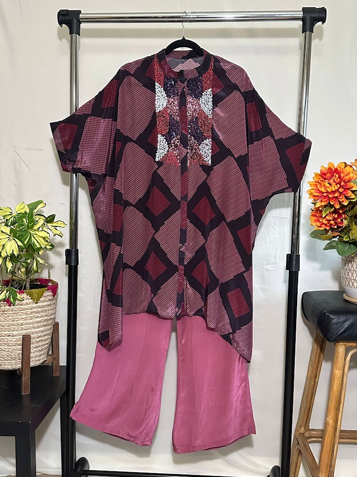 Maroon & Onion Geometric Print Pure Crepe Silk Kaftan – Palazzo