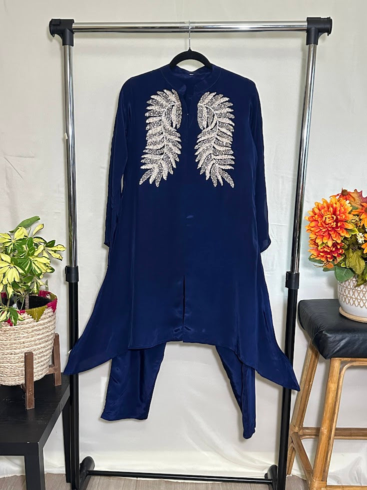 Navy Blue Crepe Silk Co-Ord Set With Embroidery – Straight Pants