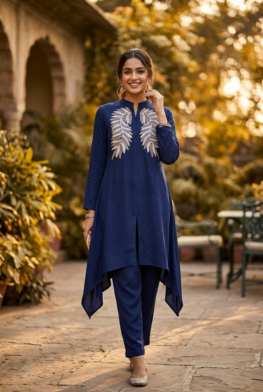 Navy Blue Crepe Silk Co-Ord Set With Embroidery – Straight Pants