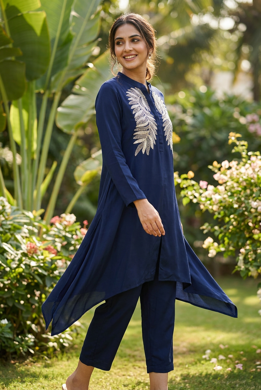 Navy Blue Crepe Silk Co-Ord Set With Embroidery – Straight Pants