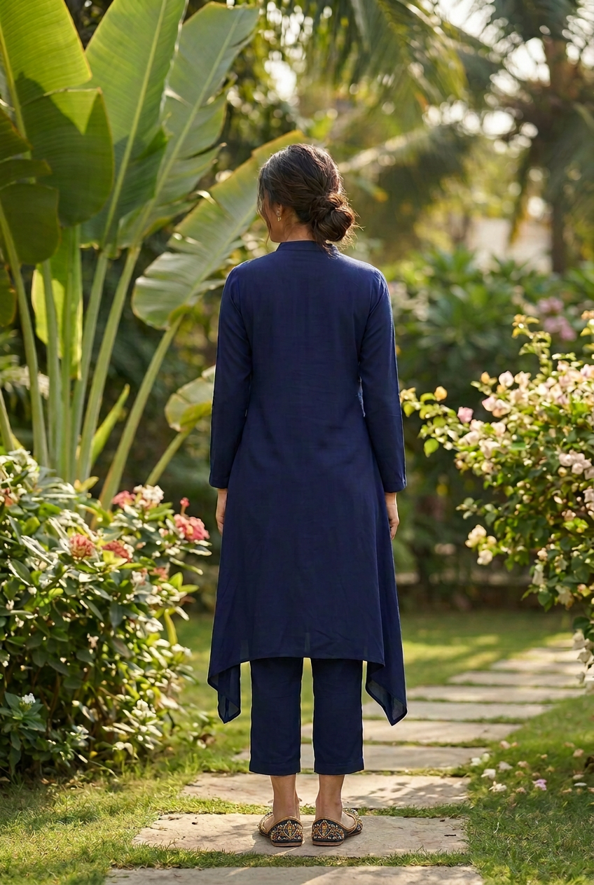 Navy Blue Crepe Silk Co-Ord Set With Embroidery – Straight Pants