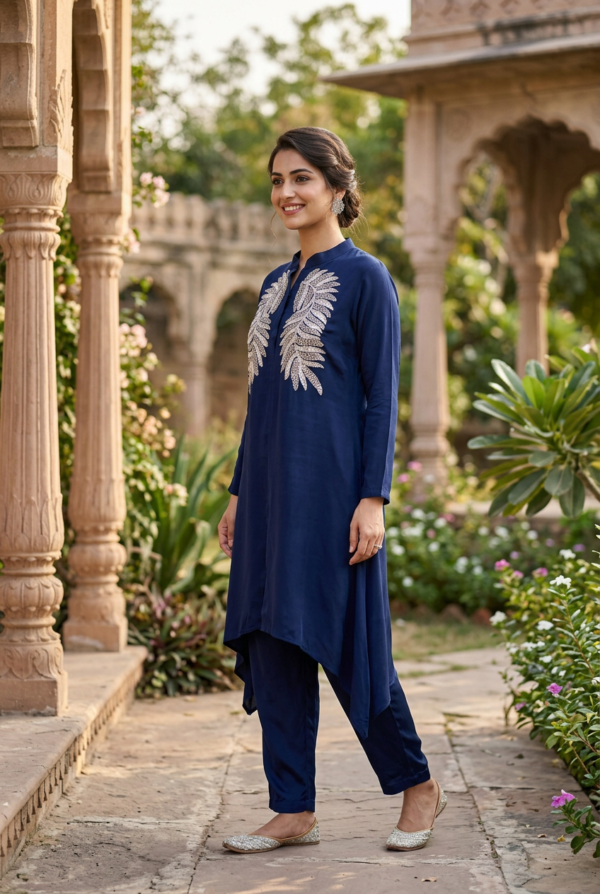 Navy Blue Crepe Silk Co-Ord Set With Embroidery – Straight Pants