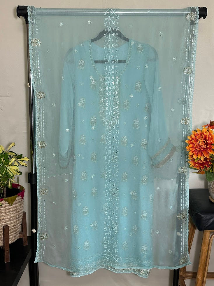 Sky Blue Kora Silk Embroidered Set with Dupatta - Flare Palazzo
