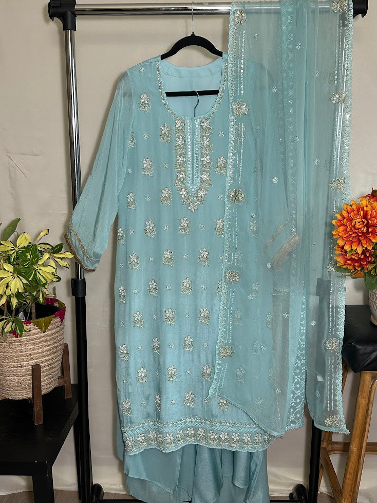 Sky Blue Kora Silk Embroidered Set with Dupatta - Flare Palazzo