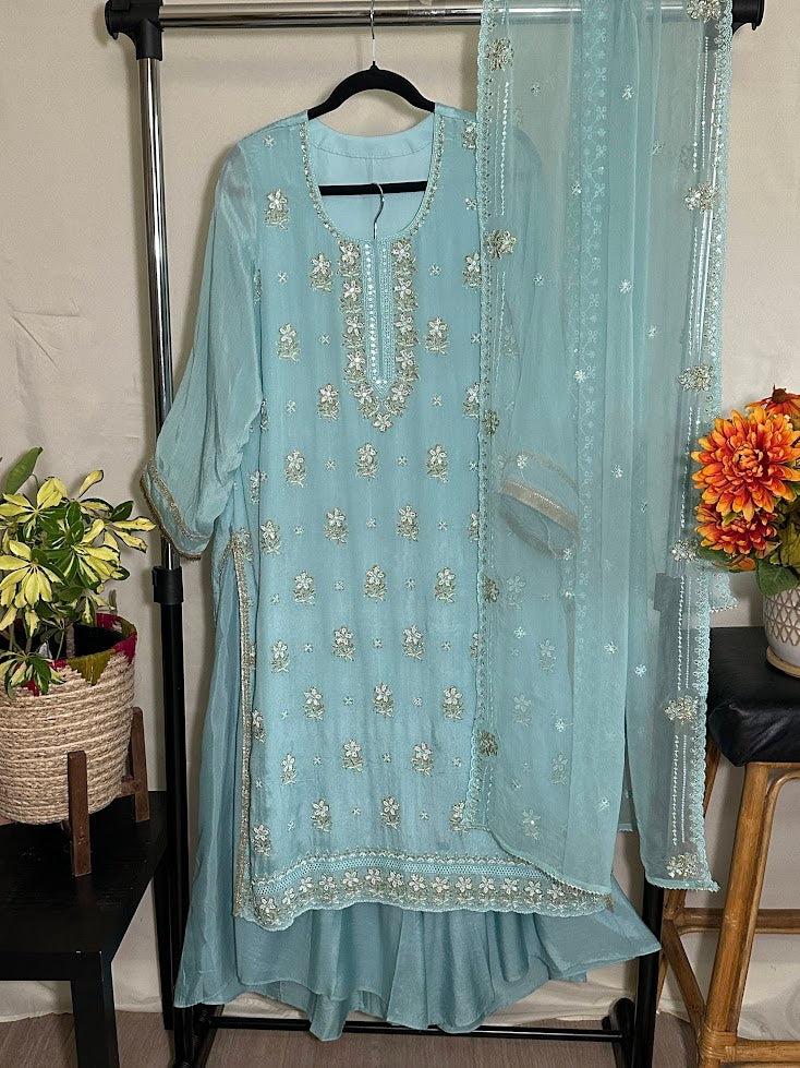 Sky Blue Kora Silk Embroidered Set with Dupatta - Flare Palazzo