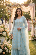 Sky Blue Kora Silk Embroidered Set with Dupatta - Flare Palazzo