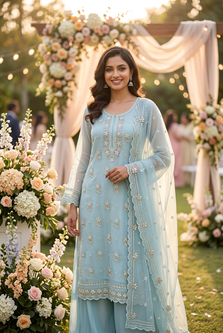 Sky Blue Kora Silk Embroidered Set with Dupatta - Flare Palazzo