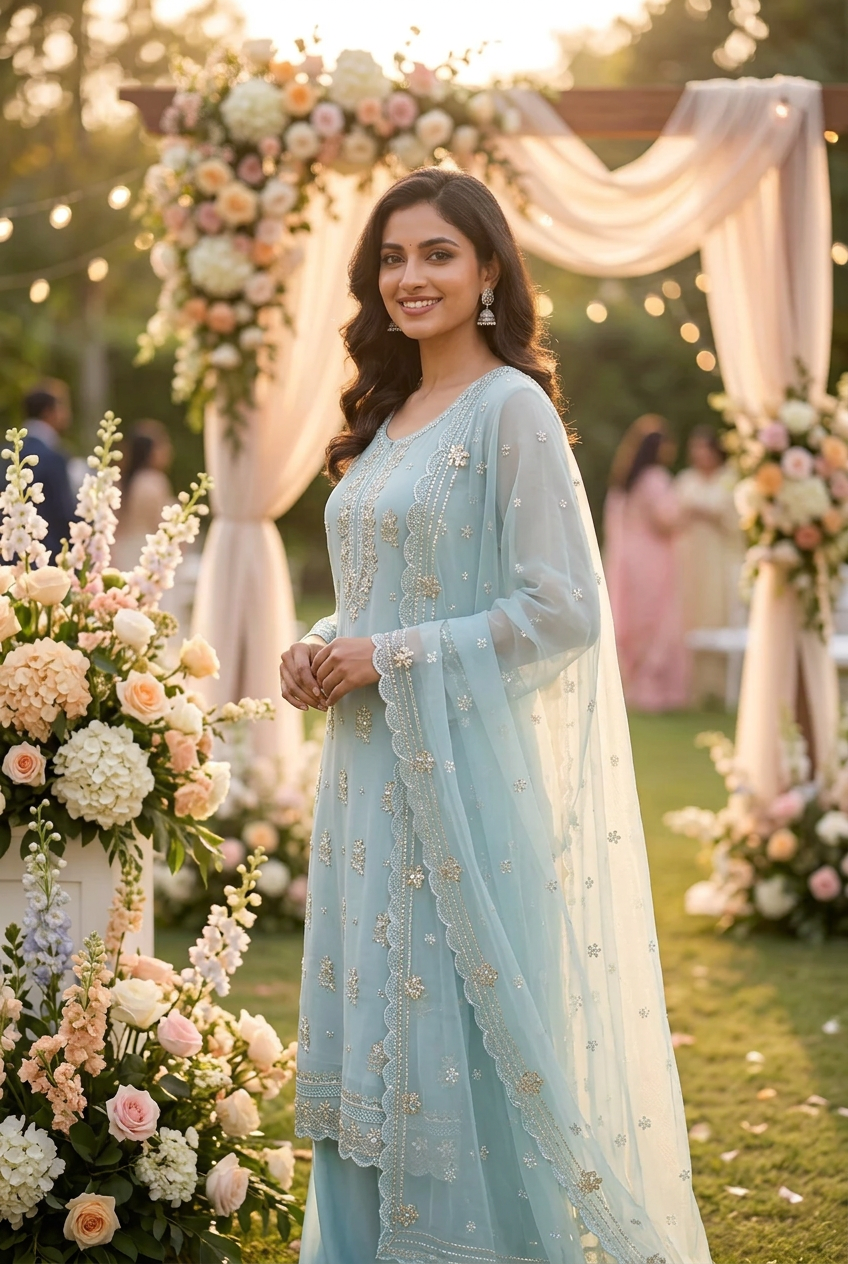Sky Blue Kora Silk Embroidered Set with Dupatta - Flare Palazzo