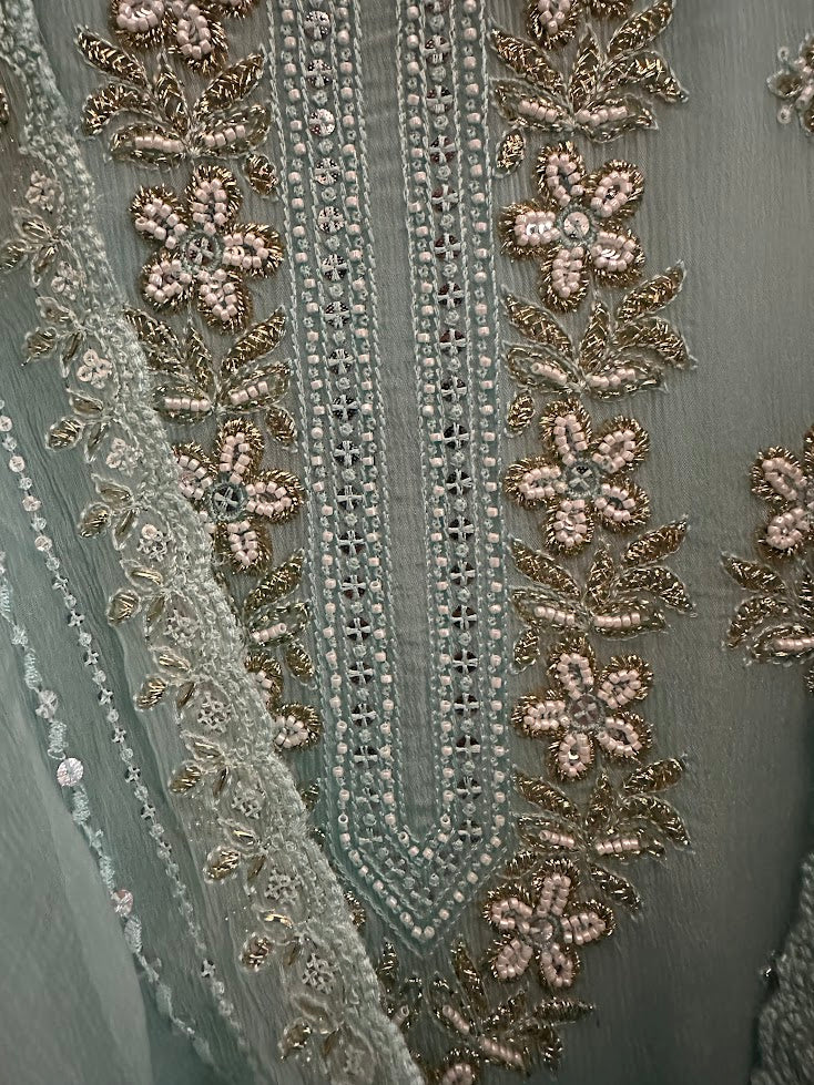 Sky Blue Kora Silk Embroidered Set with Dupatta - Flare Palazzo