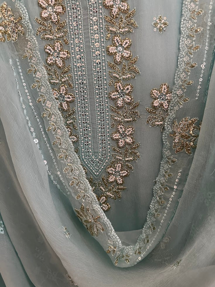 Sky Blue Kora Silk Embroidered Set with Dupatta - Flare Palazzo