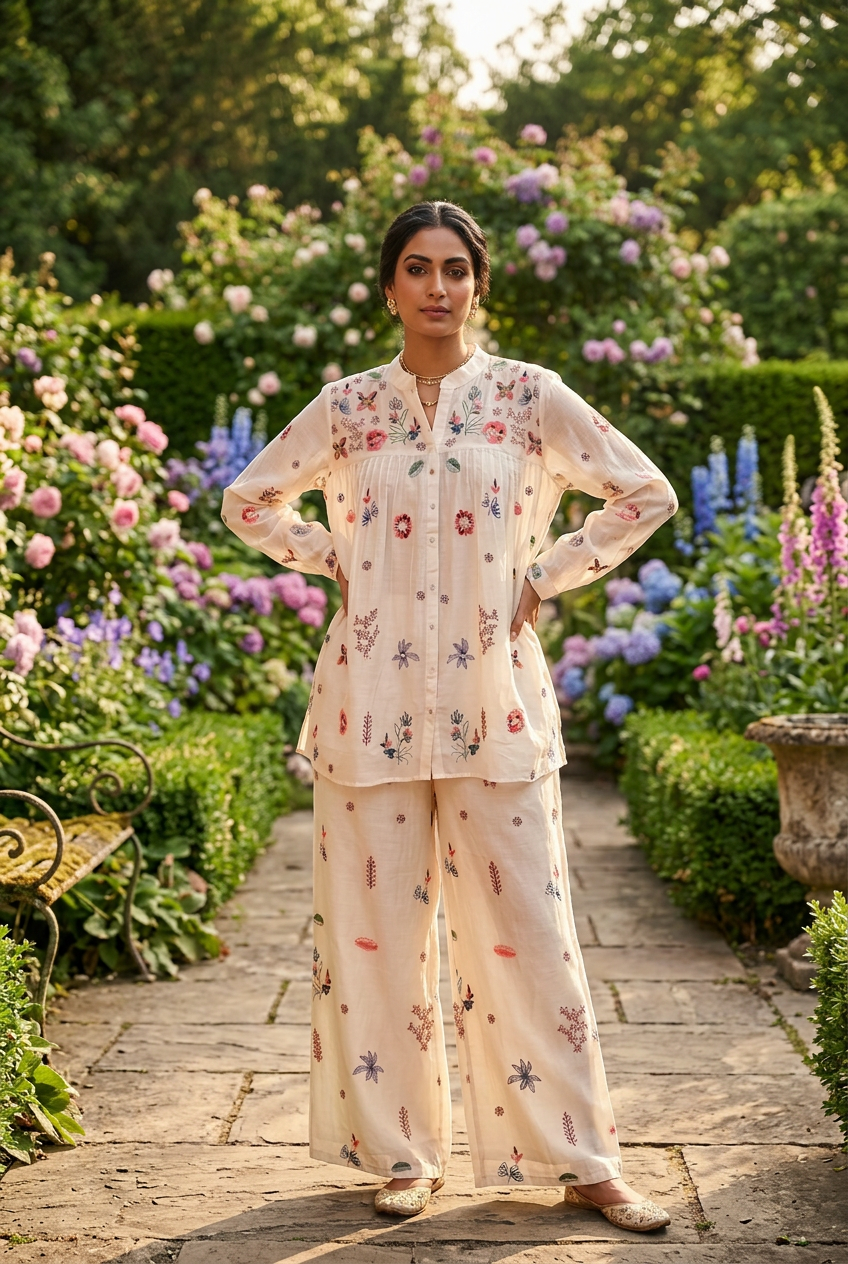 Cream Kora Silk Co-Ord Set With Multicolour Embroidery – Wide Palazzo