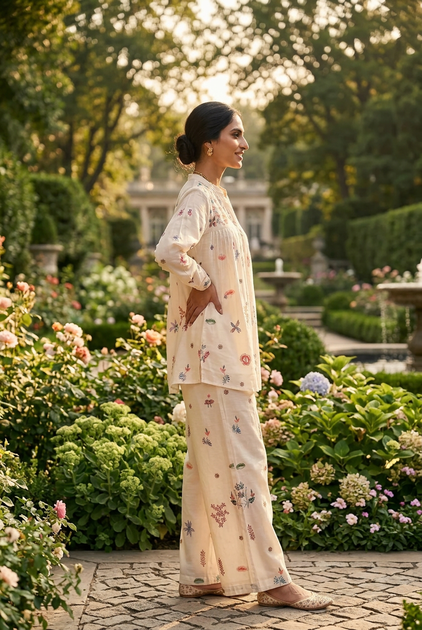 Cream Kora Silk Co-Ord Set With Multicolour Embroidery – Wide Palazzo